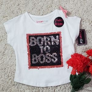 Dream Star ~ Toddler 2 Ways Sequin Tee White "BORN TO BOSS" Size 3T NWT